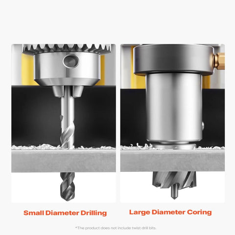 Heavy Duty Magnetic Drill Press With Portable Design For Metal Fabrication showing small diameter drill and large diameter coring bits.