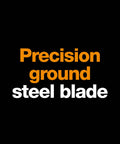 Text reading 'Precision ground steel blade' in orange and white on a black background.