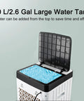 Close-up of 10L water tank on Portable Evaporative Swamp Cooler With Dual Ice Packs And Spacious Ten Liter Water Tank To Slash Utility Costs And Kick Some Summer Heat Leaving You Breezy Indoors Or Outdoors With Gentle Sweep Settings, showing top fill design.