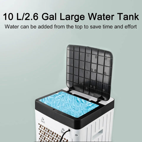 Close-up of 10L water tank on Portable Evaporative Swamp Cooler With Dual Ice Packs And Spacious Ten Liter Water Tank To Slash Utility Costs And Kick Some Summer Heat Leaving You Breezy Indoors Or Outdoors With Gentle Sweep Settings, showing top fill design.