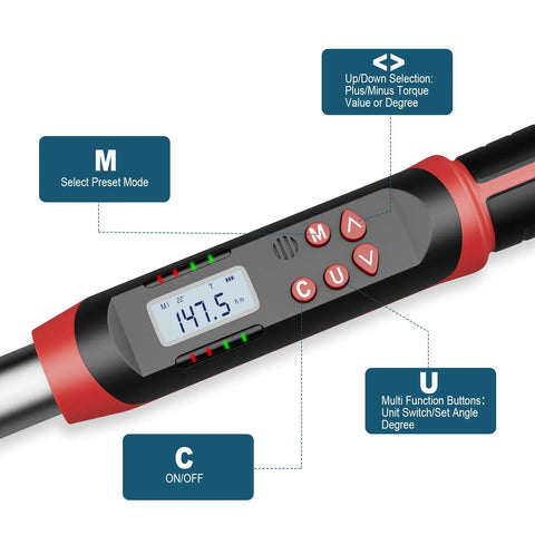 Display and controls of Pro Grade Half Inch Digital Torque Wrench With Angle And Preset Memory, 10-200 Nm and 7.38-147.5 Ft-Lb