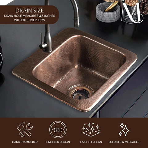 15-Inch Baxter Drop-In Pure Copper Bar Sink With Hand-Hammered Finish, shown installed with faucet ready.