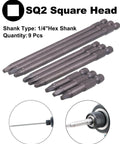 9 Pack One Quarter Inch Hex Shank Long Magnetic Square Head Screwdriver Bits Set with SQ2 Two, Four, Six Inch S2 Steel Bits