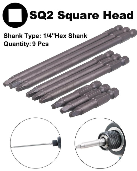 9 Pack One Quarter Inch Hex Shank Long Magnetic Square Head Screwdriver Bits Set with SQ2 Two, Four, Six Inch S2 Steel Bits
