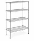 Upgrade Your Storage Game With This Hella Beefy Chrome Wire Shelving Kit Built Around Four 24X48 Inch Mesh Platforms And Solid Uprights For Garage Organization That Gets You Squared Away, showcasing a chrome wire shelving unit with four shelves.