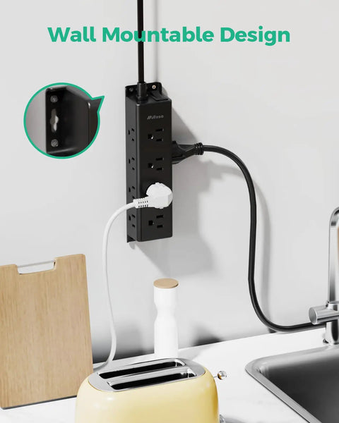 Heavy Hitter 12 Outlet Surge Protector Power Strip with super roomy layout mounted on wall, featuring 12 outlets and visible devices.