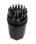 Top view of Premium Hi Molybdenum Drill Bit Set With Black And Gold Oxide Finish One Sixteenth To One Half Inch 29 Piece Gray Drill Bit Set