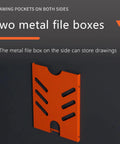 Close-up of a red metal file box on a black wall for storing drawings with vertical slots and curved top.