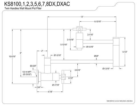 Technical diagram of Concord Pot Filler Wall Mount Polished Chrome Finish with dimensions and specifications labeled.