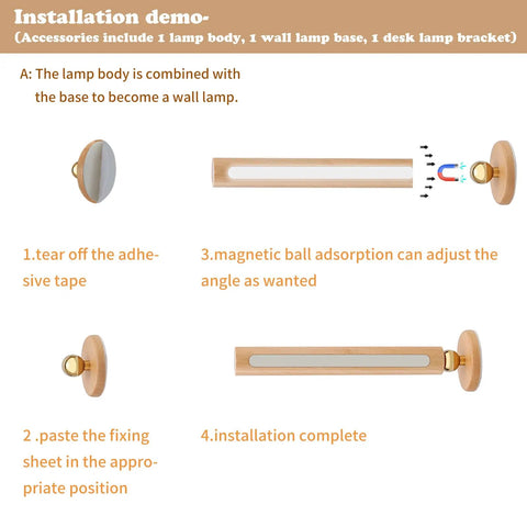 Installation demo of 360 Degree Rotatable Beech Wood LED Wall Lamp With Magnetic Mount USB Rechargeable Battery Operated Sconce Night Light