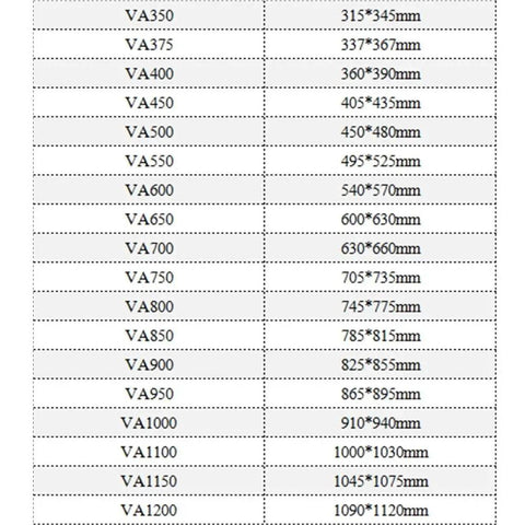 VA size chart for Rock Solid NBR Rubber Cuff O Ring Seal Set dimensions, showing various sizes from VA350 to VA1200.