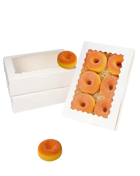 White Bakery Box With Window 9 By 6 By 2.5 Inches Holds 15 Pastries Cookies Macarons, showing clear window with pastries inside