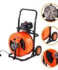 Heavy Duty Auto Feed Drain Auger Snake Machine Packs Four Swappable Cutters with sturdy steel frame and foot pedal for clogs.