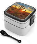 Sunset Cactus Desert Themed Two Compartment Lunch Box With Lids 550ml Lower 450ml Upper Leak Proof Container with spoon on surface