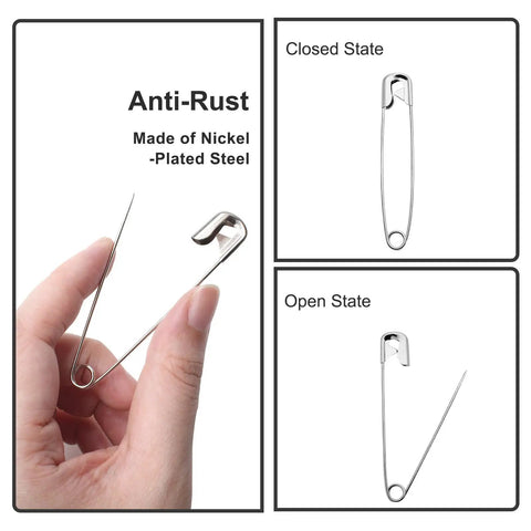 Industrial Strength Heavy Duty 500 Pack Safety Pins 38mm 1.5 Inch Nickel Plated Silver Metal Pins shown open and closed