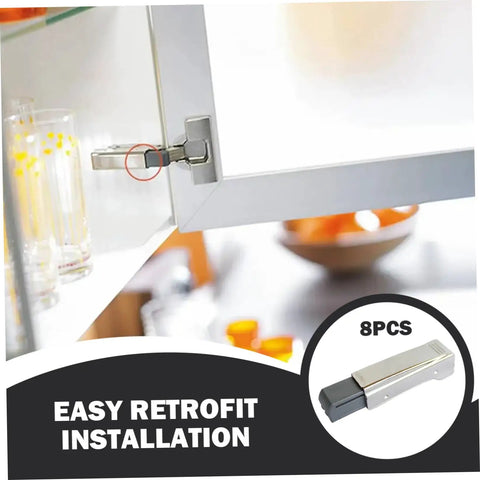 Close-up of Eight Piece Set Slow Close Cabinet Hinges with Clip Top Retrofitting Inserts for Doors and Furniture Quiet Soft Close Mechanism.