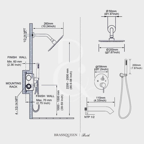 Technical diagram of Matte Black Tub Spout With Handheld Sprayer Shower System 8 Inch Rainfall Shower Head Wall Mounted Waterfall Design