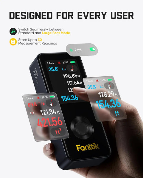 Pro Grade Laser Distance Meter With 2.4 Inch IPS Touchscreen, 178 Degree Viewing, 165 Feet Range, Angle Sensor, Bubble Level, Large Font Readouts, Built For Quick, Easy Measurements On The Job Site, shown with large font mode