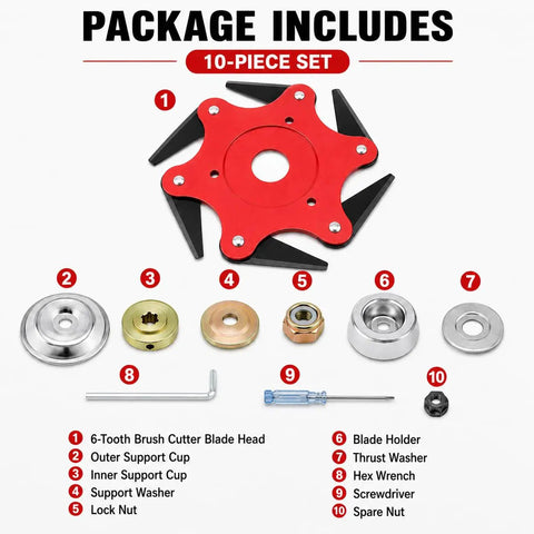 10-piece set including Heavy-Duty 6-Tooth Brush Cutter Blade For Yard Machines And Lawn Tractors made from heat treated 65Mn steel.