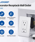 Matte White Decorator Electrical Outlet 15A 125V NEMA 5-15R 2 Pole 3 Wire Non Tamper Resistant Self Grounding Wall Plate Included UL Listed High Impact Thermoplastic 20 Pack, with installation features and specifications shown.