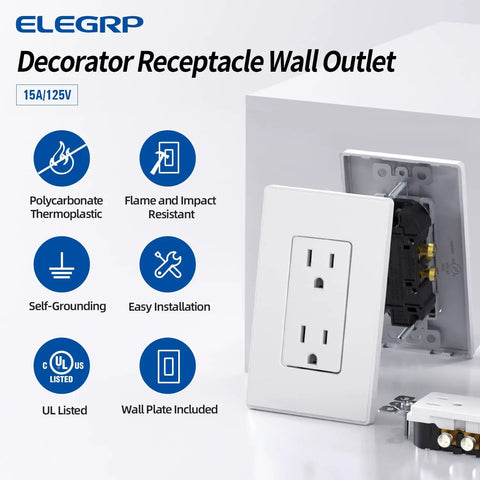 Matte White Decorator Wall Outlet 15A 125V NEMA 5-15R 2-Pole 3-Wire Non-Tamper-Resistant Self-Grounding UL Listed with features