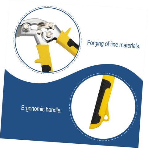 Close-up of ergonomic hand seamer tool for ductwork and metal panels with non slip handles for easy operation and reduced fatigue.