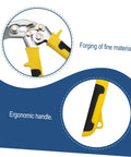 Pro Grade Hand Seamer Tool For Ductwork With Ergonomic Folding Design handle close-up, metal clamps, yellow and black grip