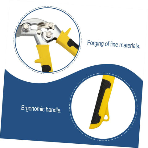 Pro Grade Hand Seamer Tool For Ductwork With Ergonomic Folding Design handle close-up, metal clamps, yellow and black grip