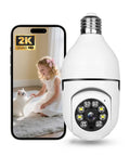Dual Band Bulb Security Cam With 5G And 2.4G WiFi, 2K Clarity, Outdoor Wireless Spotlight, next to smartphone showing camera feed