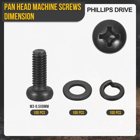 M3 0.5x8 Pan Head Machine Screws Assortment Kit 300 Pieces Carbon Steel Phillips Bolts With Flat And Lock Washers Black Finish