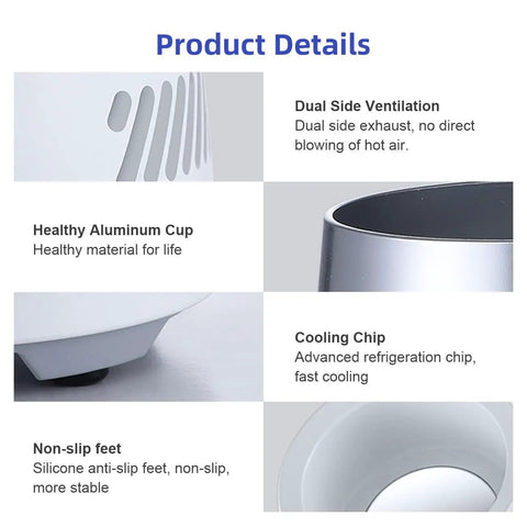Product details of Super Portable Electric Freeze Mug And Quick Chill Cup for Ice Cold Beer Soda featuring aluminum body and cooling chip.