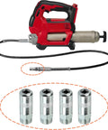 Front view of red Milwaukee cordless grease gun with flexible hose and four metal replacement coupler tips (4-pack).