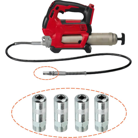 Front view of red Milwaukee cordless grease gun with flexible hose and four metal replacement coupler tips (4-pack).