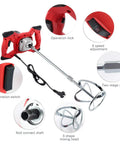 Beast Electric Handheld Cement Mixer 2100W Concrete Paint Drill 110V with parts: operation lock, 6-speed control, rod, and mixing head