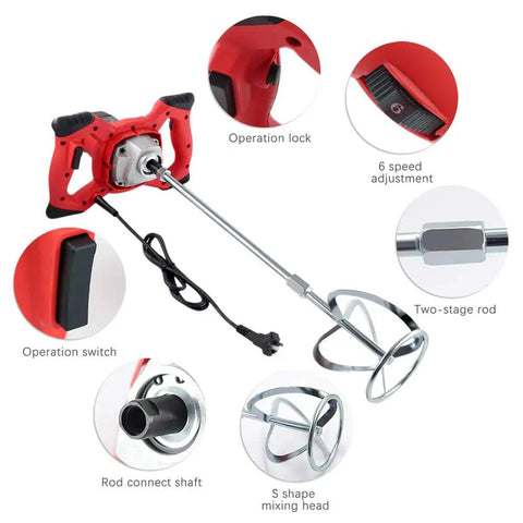 Beast Electric Handheld Cement Mixer 2100W Concrete Paint Drill 110V with parts: operation lock, 6-speed control, rod, and mixing head