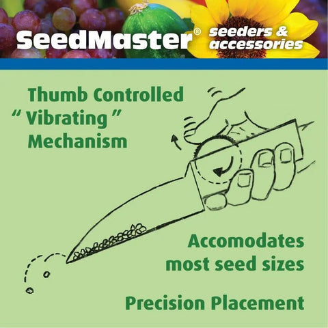 Illustration showing use of Rapli Clip Vibrating Hand Seeder For Precise Quick Sowing Of Tiny Seeds with thumb control mechanism