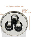 Top view of Beefy 45 Slash 5 Microfarad Start Capacitor 45 Slash 5 MFD With 6 Percent Tolerance 370V 440VAC CBB65 Dual Run Circular Round