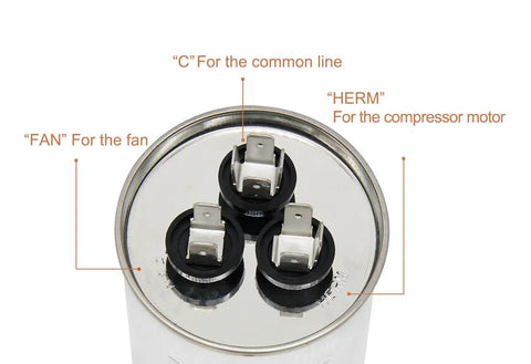 Top view of Beefy 45 Slash 5 Microfarad Start Capacitor 45 Slash 5 MFD With 6 Percent Tolerance 370V 440VAC CBB65 Dual Run Circular Round