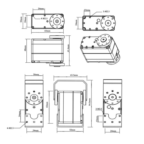 Technical diagram of Beefy 150Kg Digital RC Servo With Dual Shafts, 12V High Torque Metal Gear Steering Servo, dimensions included.