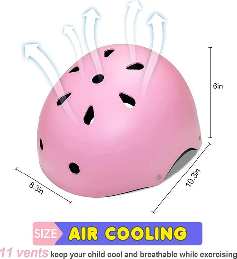 Pink adjustable kids helmet showing 11 vents and dimensions for skating, biking, cycling, and skateboarding, ages 3 to 14.