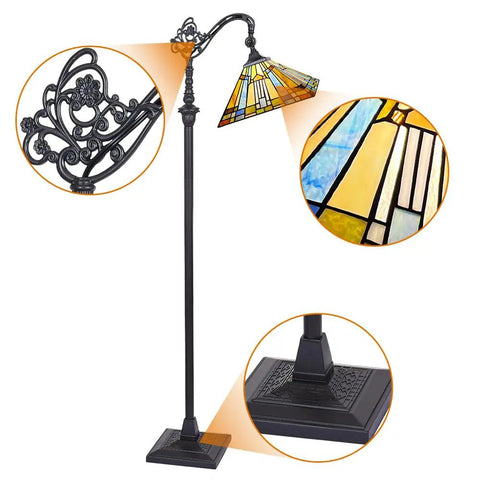 Tiffany Style Stained Glass Floor Lamp 62 Inch Tall With Adjustable Arch Reading Light in Antique Mission Design, detail view
