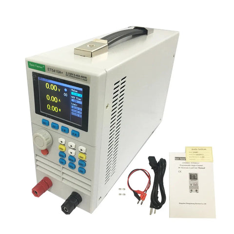 Hardcore Programmable DC Load Tester, 400W, 0 to 150V and 0 to 40A, Battery Capacity Detection, Constant Current And Constant Voltage Modes, USB Power Tester For Power Supplies, Chargers, And Switching Chargers, Ultra Precise. Bench-top electronic load with leads and manual.