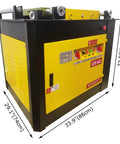 Shop Grade 220V Rebar Bender Machine, Horizontal Steel Bar Hoop Folder Pro, side view with dimensions displayed in a workshop setting.