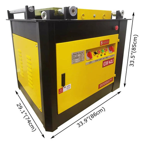 Shop Grade 220V Rebar Bender Machine, Horizontal Steel Bar Hoop Folder Pro, side view with dimensions displayed in a workshop setting.