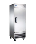 Go Big Commercial Reach In Freezer With 23 Cubic Feet Of Beefy Storage Straight Up Frost Free Operation And Rugged Stainless Steel Cabinet Built Tough For Busy Restaurants And Pro Kitchens, showing stainless steel exterior and wheels.