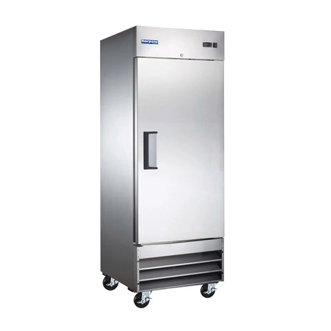 Go Big Commercial Reach In Freezer With 23 Cubic Feet Of Beefy Storage Straight Up Frost Free Operation And Rugged Stainless Steel Cabinet Built Tough For Busy Restaurants And Pro Kitchens, showing stainless steel exterior and wheels.