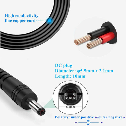 Close-up of 5.5mm x 2.1mm plug with copper cord, polarity diagram, part of 5V 2A Wall Power Adapter With 11 Interchangeable DC Tips set.