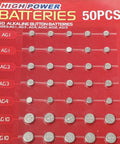 Premium Assorted Alkaline Button Cell Batteries For Watches 50 Piece Mixed Lr44 Ag1 Ag3 Ag4 Ag10 Watch Replacement Pack Zero Mercury on display