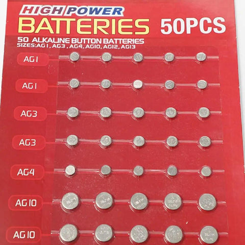 Premium Assorted Alkaline Button Cell Batteries For Watches 50 Piece Mixed Lr44 Ag1 Ag3 Ag4 Ag10 Watch Replacement Pack Zero Mercury on display