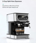 Heavy Duty 20 Bar Coffee Machine With Independent Steam Frother For Silky Lattes And Creamy Cappuccinos Auto Temp Regulation and Pressure Relief Valve Guarantees Your Daily Grind Stays Legit Smooth brewing two espresso shots in glass mugs.